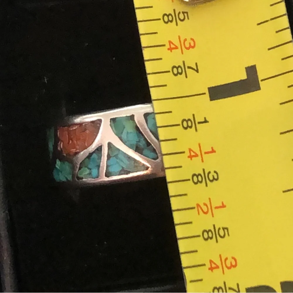 Southwest Native Sterling Silver Crushed Turquoise Coral Mosaic Ring Sz 12-1/2 - Picture 11 of 17